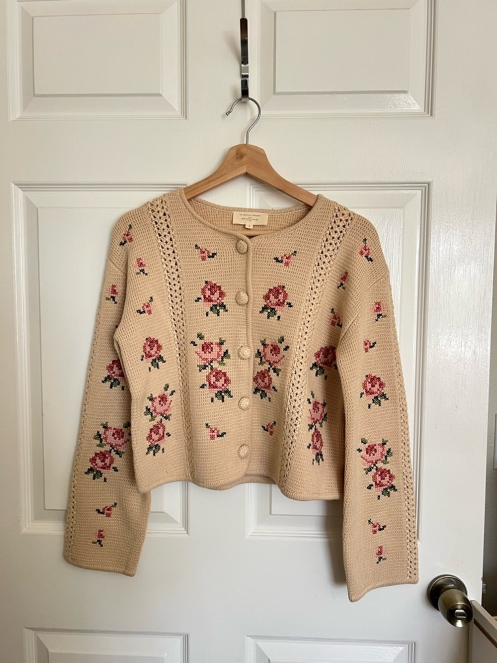 Sezane Cream Floral Knit Button-Front Women's Sweater - Picture 7 of 14